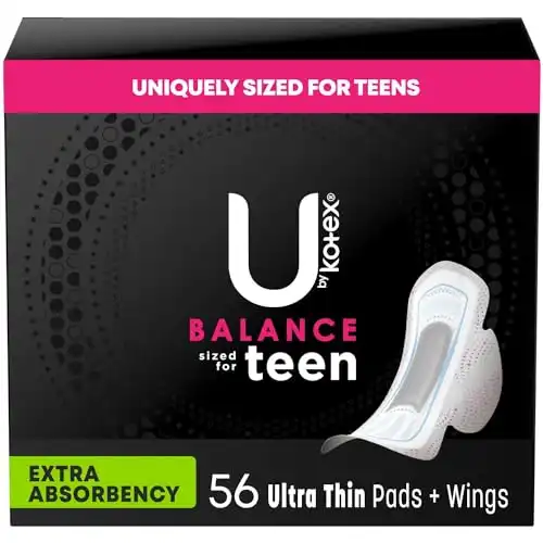 U by Kotex Balance Sized for Teens Ultra Thin Pads with Wings, Heavy Absorbency, 56 Count (4 Packs of 14) (Packaging May Vary)