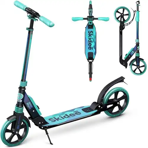 Skidee Scooter for Adults and Teens – Adjustable Height, Kids, Folding Scooter, Large Sturdy Wheels for Smooth Ride, Lightweight, Durable, Anti-Shock Suspension, Outdoor Toys, up to 220 lbs