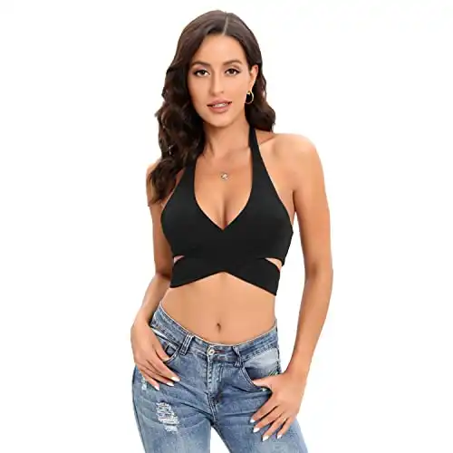 ELQUCHOU Women's Lace Up Halter Stretchy Sleeveless Sexy Backless Cocktail Crop Tank Tops (Large, Black)