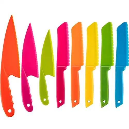 JOVITEC 8 Pieces Kid Plastic Kitchen Knife Set, Children's Safe Cooking Chef Nylon Knives for Fruit, Bread, Cake, Salad, Lettuce Knife