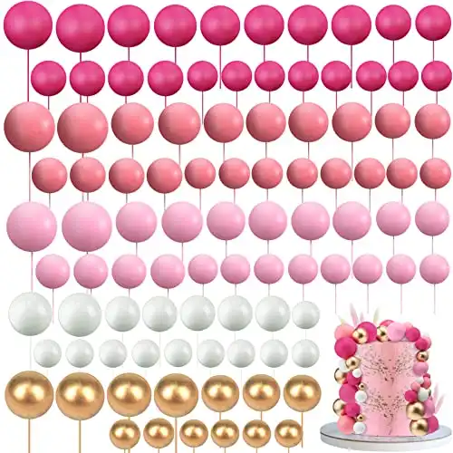 Tondiamo 108 Pcs Balls Cake Topper Balloons Cupcake Topper DIY Cake Insert Topper Foam Cake Balls Baking Decoration for Wedding Anniversary Birthday (Pink Series, White, Gold,Multi Sizes)