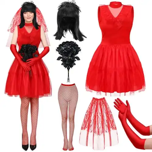 Tisancy 6 Pcs Halloween Women's Bride Cosplay Costume, Red Gothic Wedding Dress Veil Stockings Gloves Artificial Roses Wigs (Large)