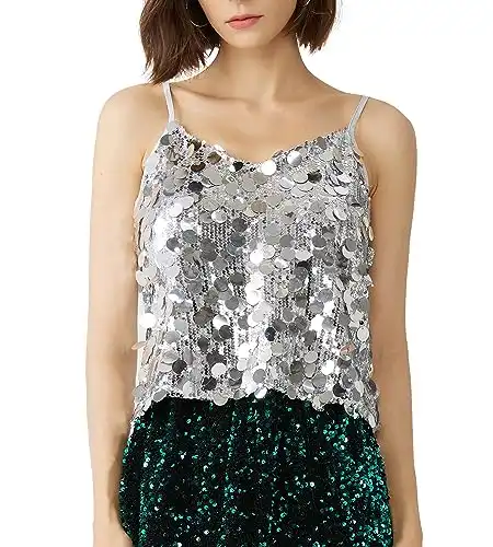 Women's Sequin Tops - V-Neck Sparkle Tank Tops - Spaghetti Strap Shimmer Camisole Party Club Cocktail Cami