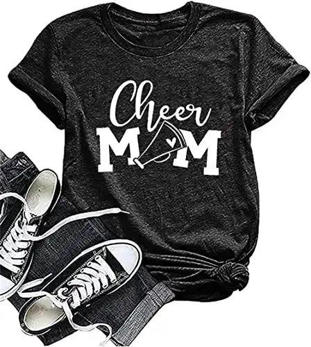 SUPEYA Cheer Mom Shirt for Women Mom Letter Printed T Shirts Casual Short Sleeve Tee Tops Dark Grey