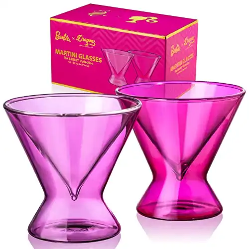 Dragon Glassware x Barbie Martini Glasses, Stemless Pink and Magenta Double Wall Insulated Cocktail Glasses, As Seen in Barbie The Movie, 7 oz Capacity, Set of 2