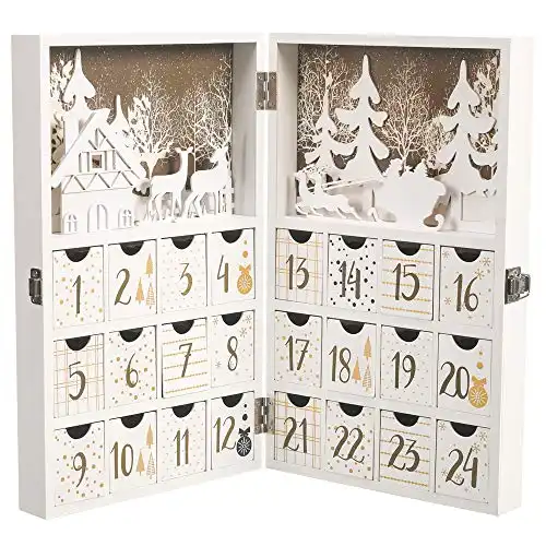M MINGLE Wooden Advent Calendar, Christmas Countdown Calendar Decoration with 24 Drawers, Snow, House, Tree, Reindeer