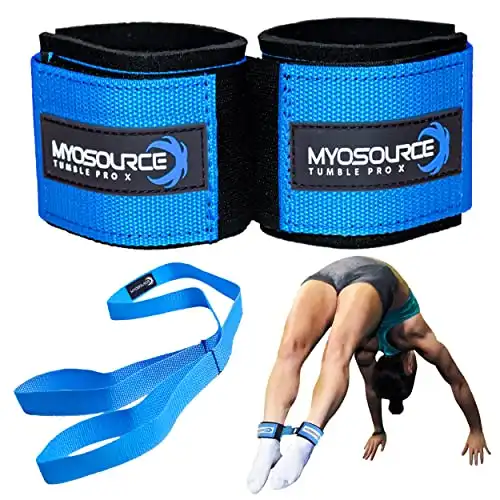 Myosource Kinetic Bands Tumble Pro X Ankle Straps Kit – Cheerleading Standing Tumbling Equipment, Gymnastics Backhandspring Trainer – Includes Flexibility Stunt Stretch Strap – Blue