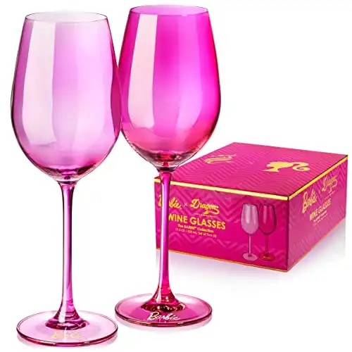 Dragon Glassware x Barbie Wine Glasses, Pink and Magenta Crystal Glass, As Seen in Barbie The Movie, 17.5 oz Capacity, Set of 2