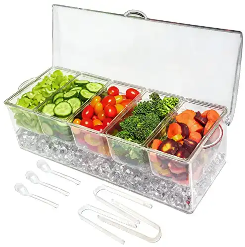 Ice Chilled 5 Compartment Condiment Server Caddy 3 Serving Spoons + 3 Tongs Included