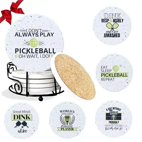 KCT Store Pickleball Gifts for Women and Men - Appreciation Gifts - Absorbent Ceramic Coasters 6pc - Metal Holder & Cylinder Kraft Gift Box Included