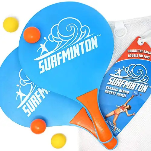 VIAHART Surfminton Classic Blue and Orange Beach Tennis Wooden Paddle Game Set (4 Balls, 2 Thick Water Resistant Wooden Rackets, 1 Reusable Mesh Bag)