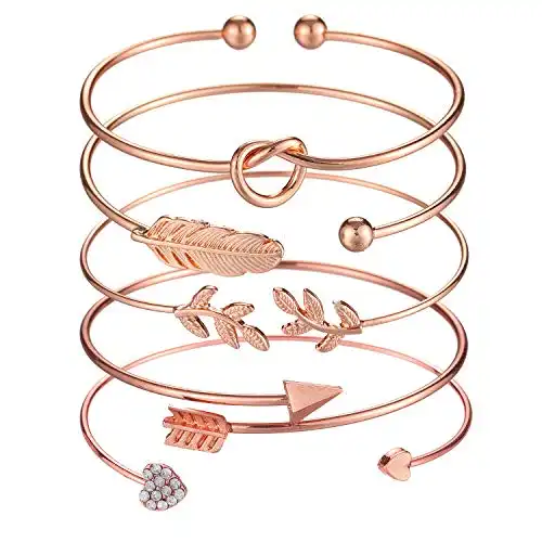 Softones 5pcs Bangle Rose Gold Bracelets for Women Girls Heart|Olive Leaf|Arrow|Feather|Knot Heart Open Cuff Bracelet Set Adjustable