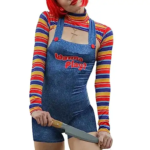 Women Scary Nightmare Killer Doll Movie Character Bodysuit Halloween Doll Costume Cosplay Jumpsuit (Blue Shorts, S)