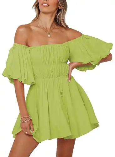 Dokotoo Womens Square Neck Grass Green Dress Puff Sleeve Elastic Waist Off The Shoulder Dresses for Women Ruffle A-Line Casual Mini Dress Medium