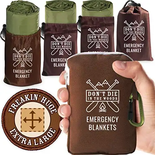 Don't Die In The Woods - Freakin Huge Emergency Blankets [4-Pack] Extra-Large Thermal Mylar Space Blankets with Ripstop Nylon Stuff Sacks + Carabiner Zipper Pack [Army Green]