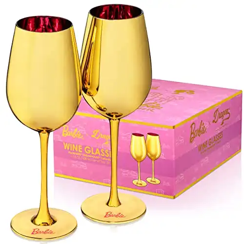Dragon Glassware x Barbie Wine Glasses, Dreamhouse Collection, As Seen in Barbie The Movie, Gold with Pink Crystal Glass, 17.5 oz Capacity, Set of 2