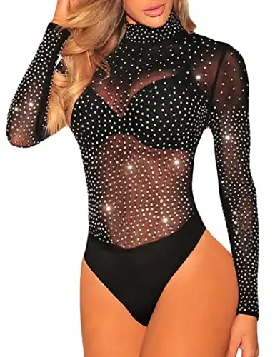 Eiffel Women's Sheer Mesh Turtleneck Neck See Through Leotard Bodysuit Body Tops Black