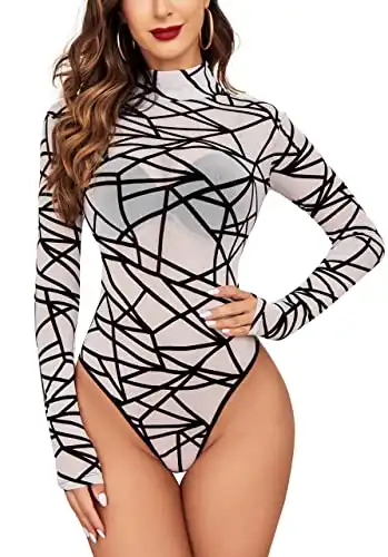 Avidlove Turtleneck Leotard for Women Sheer Mesh Top Blouse Shirts Bodysuit White-long Sleeve