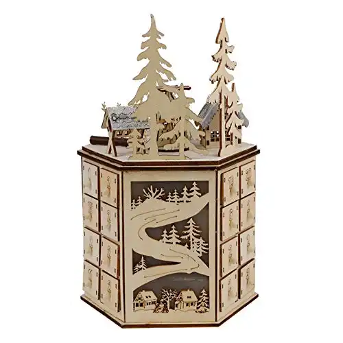 MorTime LED Revolving Music Box Advent Calendar Decorated with Christmas Tree Reindeer House LED Lights, Lighted Wooden Carved 24 Day Countdown to Christmas Calendar, 24 Storage Drawers