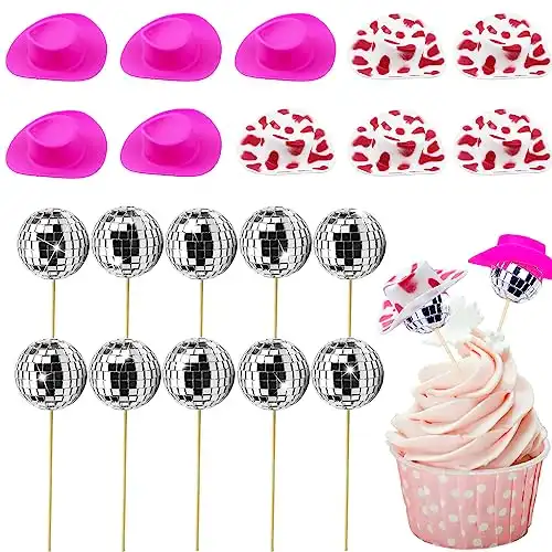 20 Pcs Disco Cowgirl Party Cake Decorations 70s Disco Party Decorations for Dance Disco Party Supplies (Pink Cow)