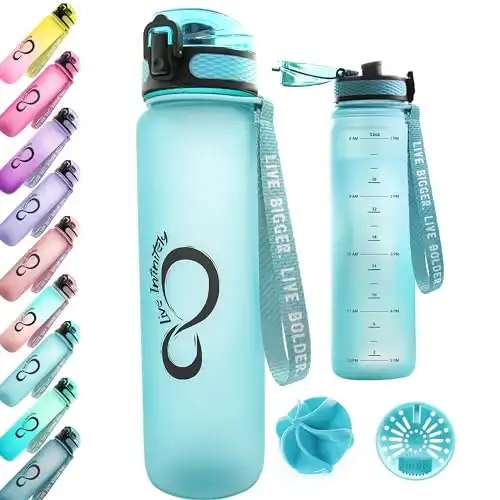Live Infinitely 34 oz Insulated Water Bottle with 32 oz Timed Marker - Cute Gym Water Bottles with Fruit Infuser & Shaker - For Workout Fitness Travel - Locking Flip Lid (Teal, 34oz)