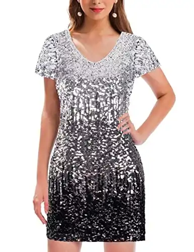 MANER Women's Sequin Glitter Short Sleeve Dress Sexy V Neck Mini Party Club Bodycon Gowns(L, Silver/Gray/Black)