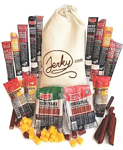 Jerky Gift Basket for Men & Women - 26pc Jerky Variety Pack of Beef, Pork, Turkey & Ham Snack Sticks - High Protein Meat & Cheese Sticks, Gift for Men