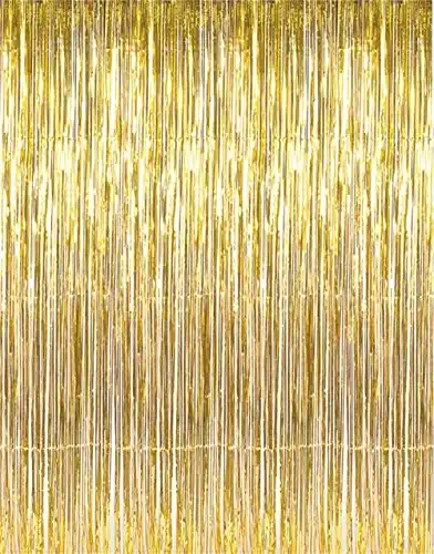 GOER 6.4 ft x 9.8 ft Metallic Tinsel Foil Fringe Curtains,Pack of 2 Party Streamer Backdrop for Birthday,Graduation Decorations and New Year Eve (Gold)