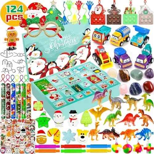 124 PCS Christmas Advent Calendar 2023 Fidget Advent Calendar 2023 for Kids Boys Girls Crystal Cars Dinosaur Mochi Squishy Sensory Toys Classroom Prizes Xmas Gifts Surprises
