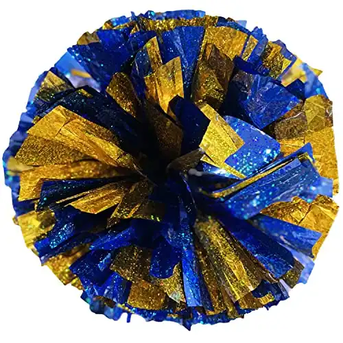 PUZINE 2pack 12" Cheerleading Metallic Foil & Plastic Ring Pom Poms Cheerleading Poms(Holographic Blue and Gold)