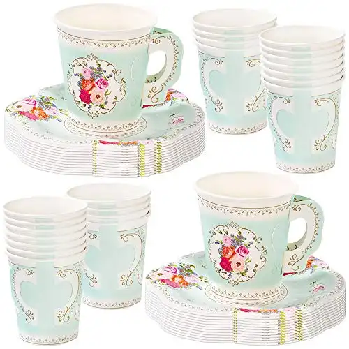 Disposable Paper Party Vintage Floral Tea Cups and Saucer Sets, Mint Green