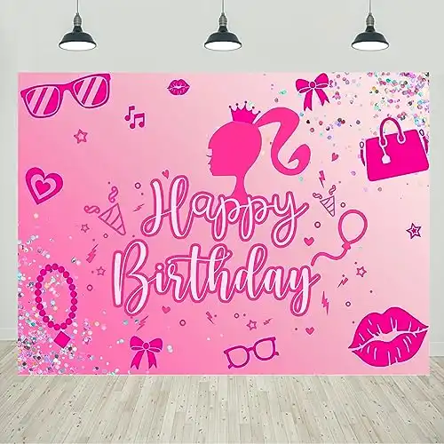 Pink Happy Birthday Backdrop for Girls Princess