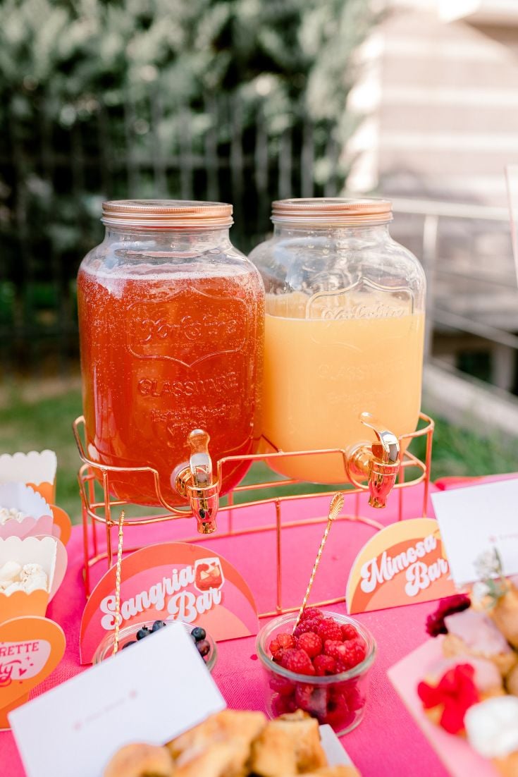 glass gallon jugs in stand one sangria bar, one mimosa bar, brunch ideas