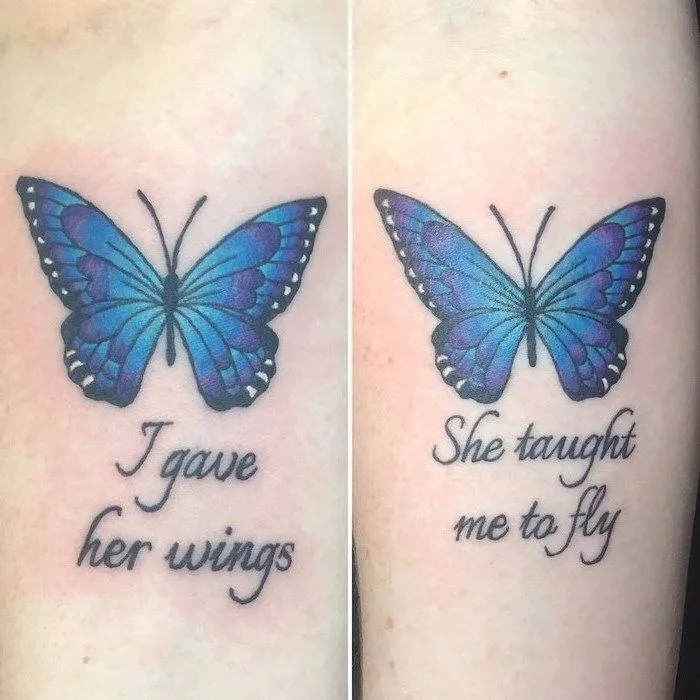 I gave her wings, She taught me to fly, matching butterfly tattoos