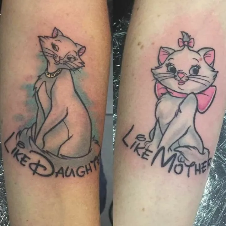#matchingtattoos #motherdaughtertattoos #tattooideas #likemotherlikedaughter #cattattoo #disneytattoo #aristocats #quotetattoo