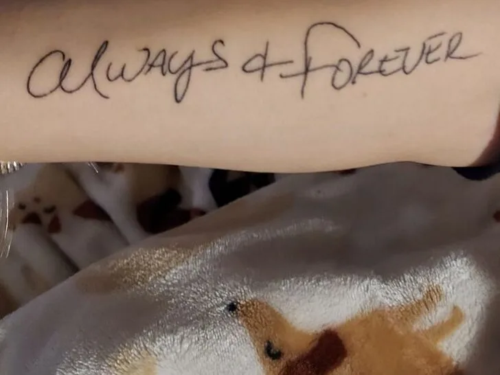 Always and Forever handwriting tattoo on forearm