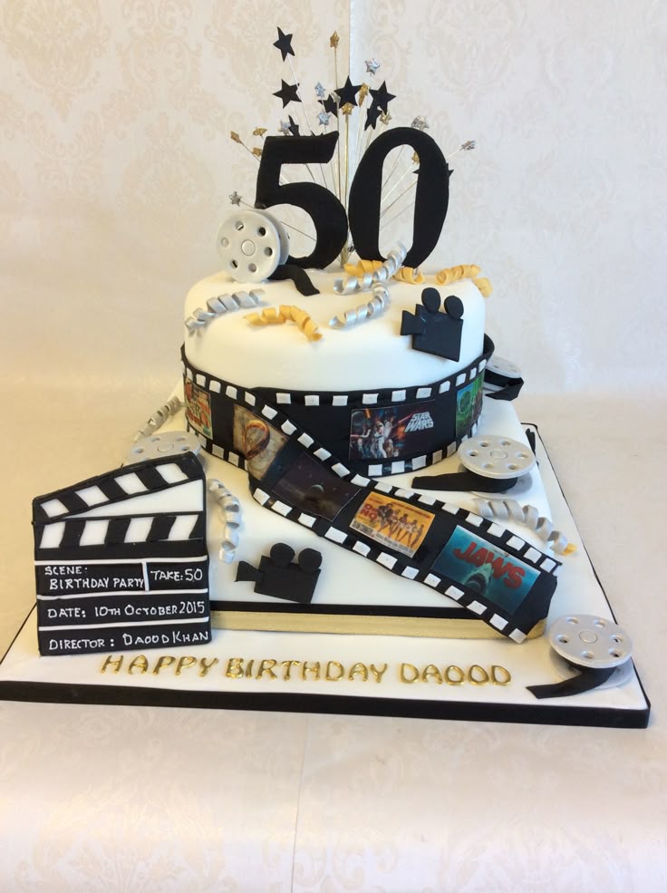 2 tier Black and Gold Hollywood theme birthday cake